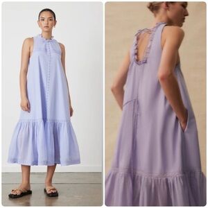 Joslin Audrey Sleevless Flounce Organic Cotton Ramie Midi Dress in Lavender 💜 XS